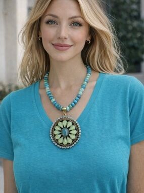 NEW ❤️❤️❤️ Turquoise Crystal Beaded Art Deco Statement Necklace with Floral Dial